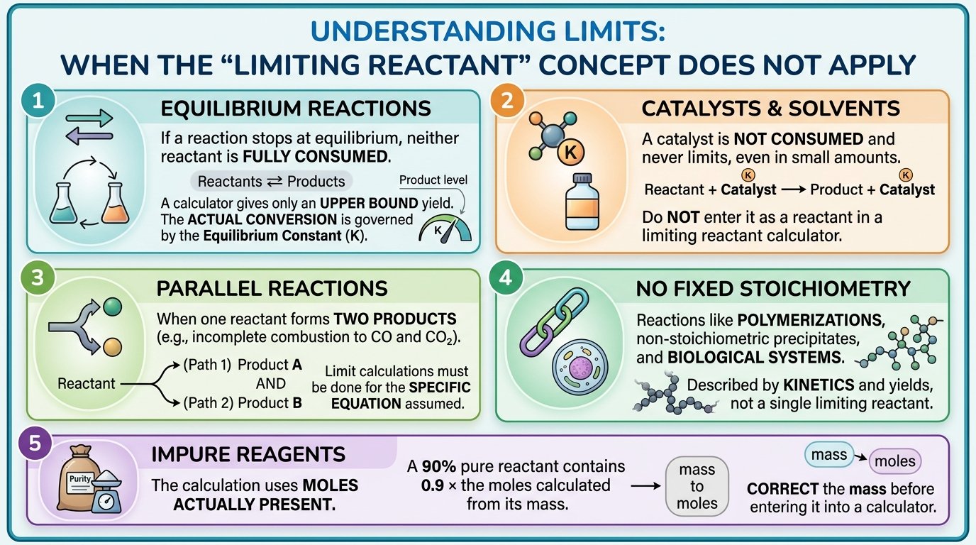 uses of the limiting reactant calculator: exam stoichiometry problems, lab theoretical and percent yield, precipitation from two solutions, industrial excess reactant planning