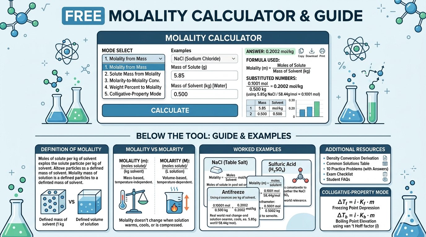 molality calculator showing 5.85 g NaCl in 500 g water giving 0.2002 mol/kg with the formula, moles of solute and step-by-step working