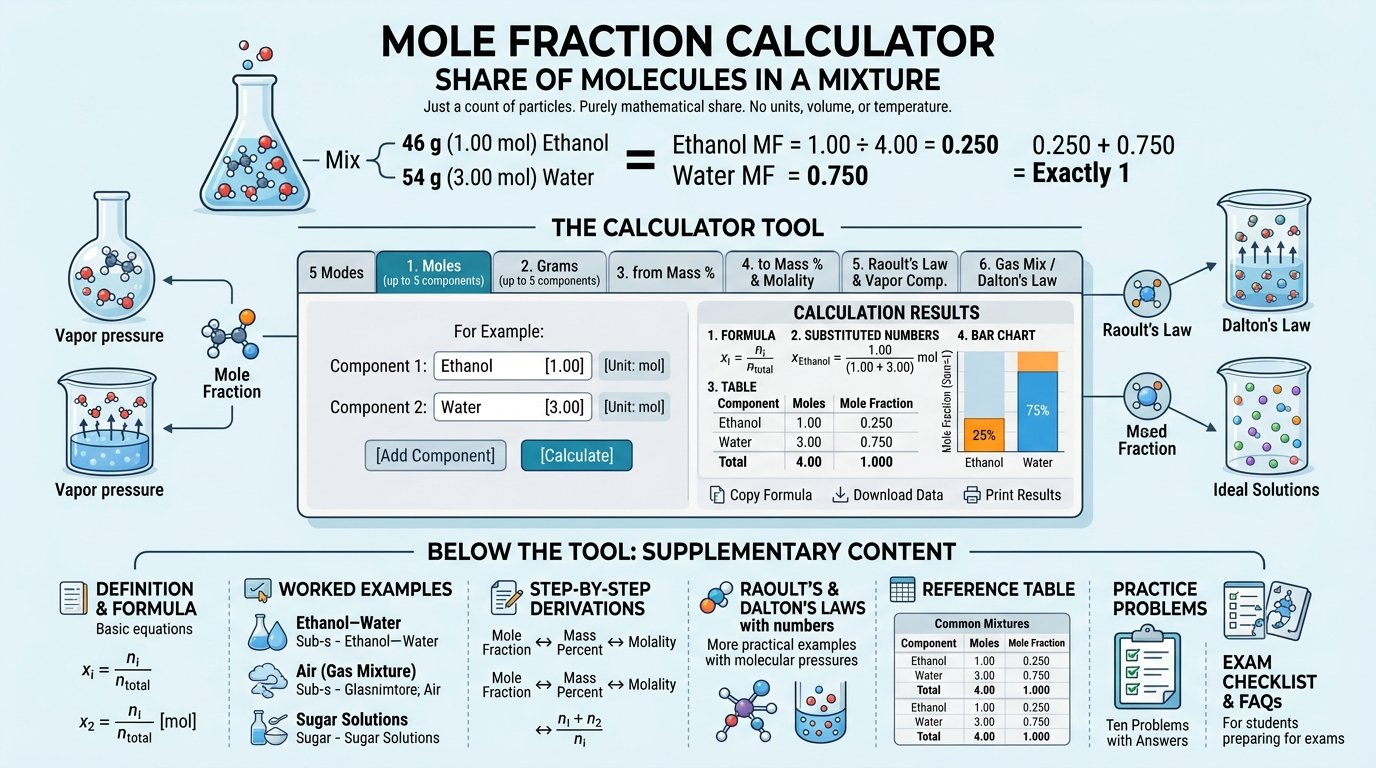 mole fraction calculator showing 46 g ethanol and 54 g water giving X ethanol 0.25 and X water 0.75 with moles of each component and a bar chart