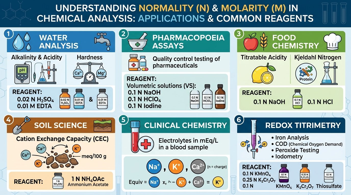 normality calculator uses: acid-base and redox titrations, water alkalinity testing, pharmacopoeia volumetric solutions and clinical electrolytes in mEq/L