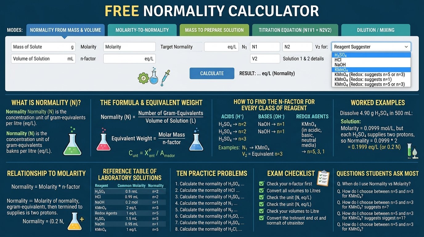 normality calculator showing 4.90 g H2SO4 in 500 mL giving 0.1999 N with the n-factor, equivalent weight and molarity displayed