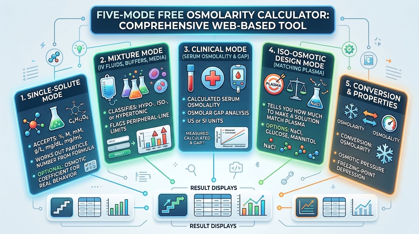 osmolarity calculator showing 0.9 percent sodium chloride as 154 mmol/L times 2 particles equals 308 mOsm/L with tonicity classification