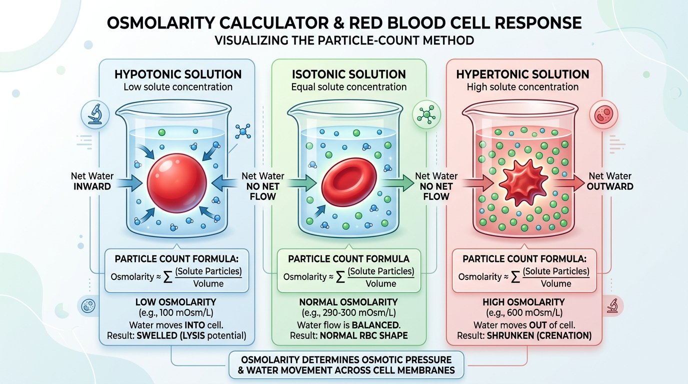 osmolarity calculator method diagram of red blood cells in hypotonic, isotonic and hypertonic solutions with the particle-count formula