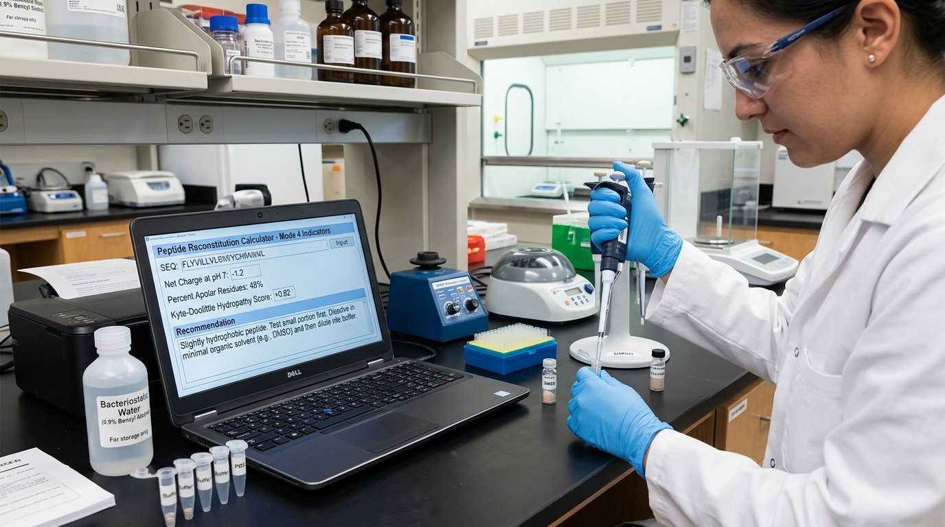 peptide reconstitution calculator method: solvent injected slowly down the vial wall, swirled not shaken, then aliquoted into labelled tubes