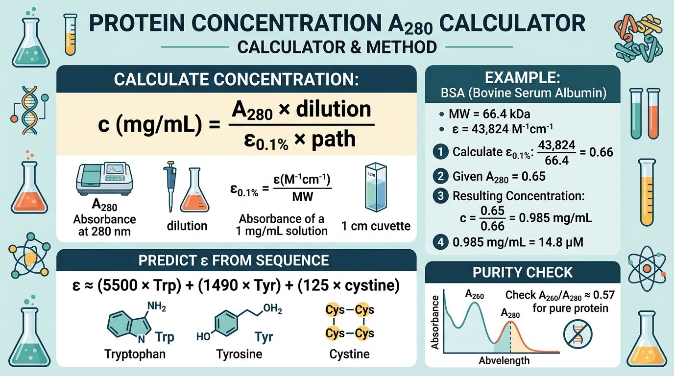 protein concentration A280 calculator showing BSA with absorbance 0.65 at 280 nm giving 0.985 mg/mL and 14.8 micromolar with the extinction coefficient steps