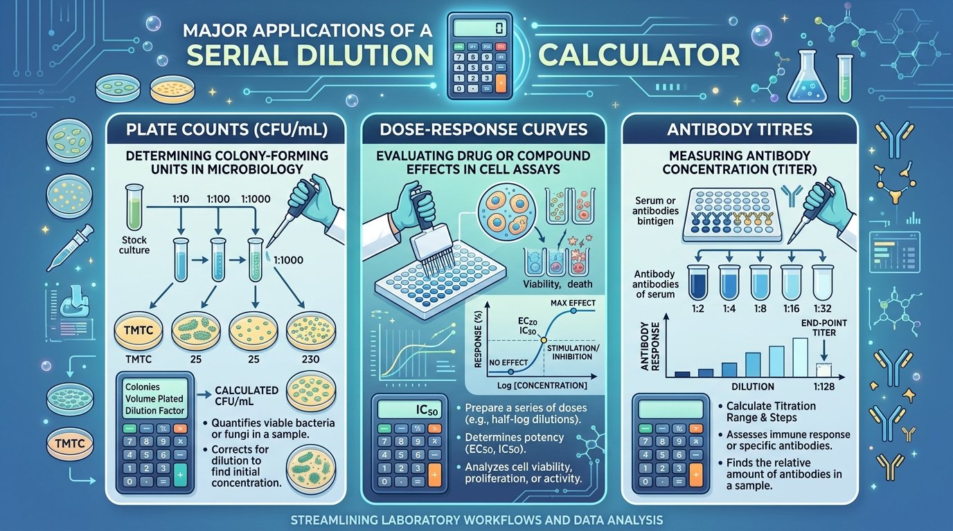 serial dilution calculator uses: plate counts for CFU per mL, dose-response curves in cell assays and antibody titres