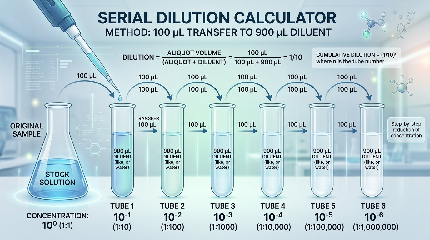 serial dilution calculator method diagram of tubes with 100 µL carried from tube to tube into 900 µL diluent giving 10-1 to 10-6