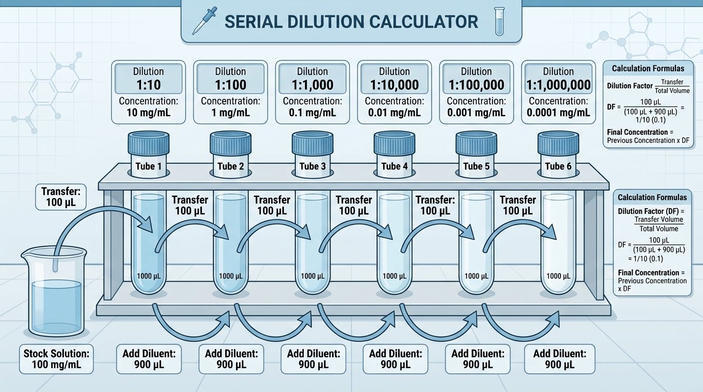 serial dilution calculator showing a six-tube 1:10 series from 100 mg/mL to 0.0001 mg/mL with 100 µL transfer and 900 µL diluent per tube