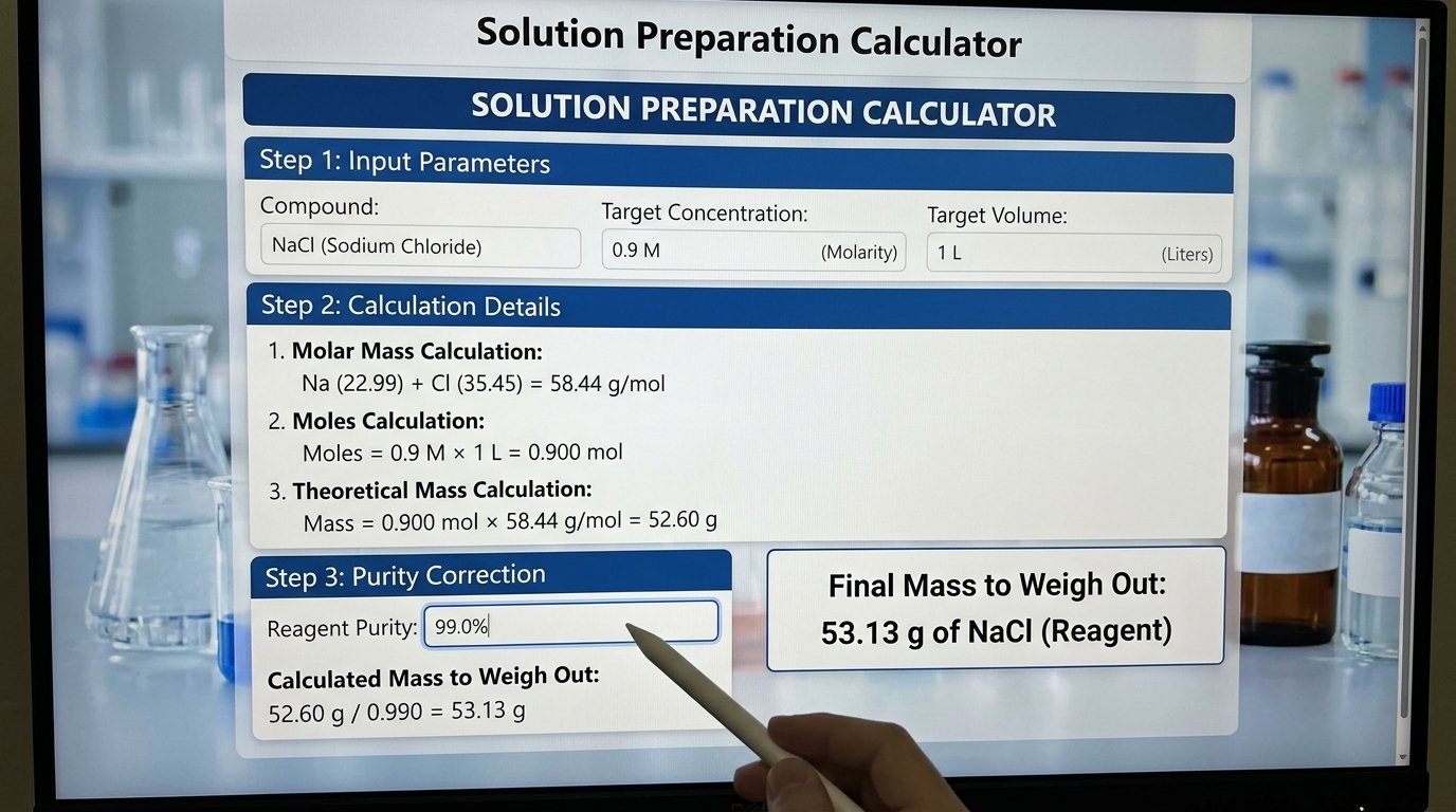 solution preparation calculator showing 52.60 g of NaCl for 1 L of 0.9 M with molar mass, moles and purity correction steps