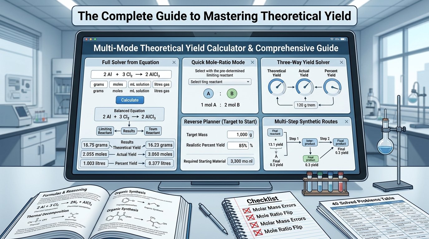 theoretical yield calculator showing the balanced equation for calcium carbonate decomposition, moles of limiting reactant, mole ratio and the theoretical yield of calcium oxide in grams