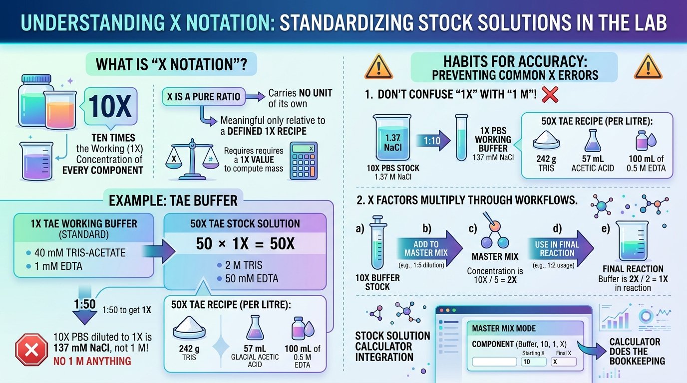 stock solution calculator method diagram: concentrated stock bottle, pipette transferring an aliquot and a working solution made up to volume