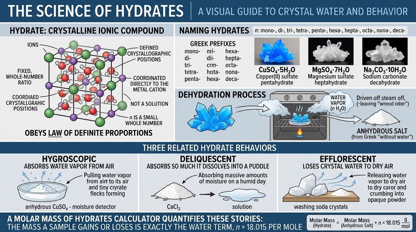 molar mass of hydrates calculator formula showing anhydrous salt plus n times 18.015 water
