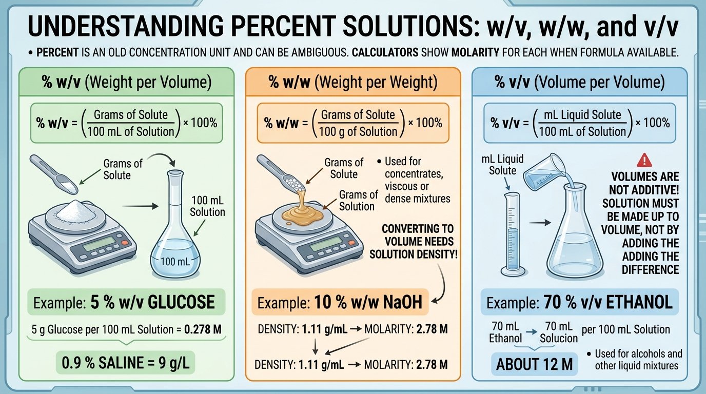 solution preparation calculator method: weighing solid, dissolving in part of the solvent, transferring to a volumetric flask and making up to the mark