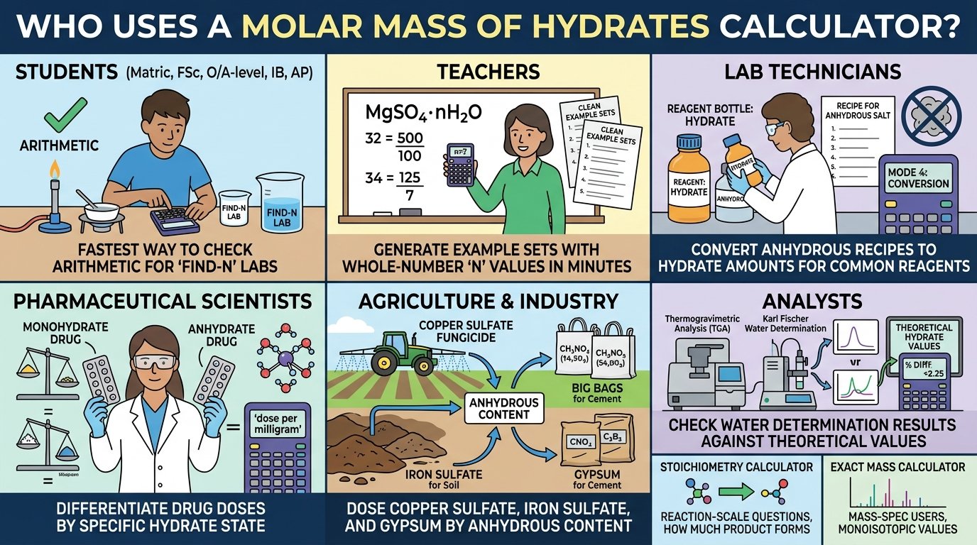 students and lab professionals using a molar mass of hydrates calculator for heating experiments