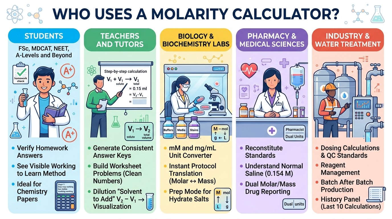 student and lab professional using a molarity calculator for solution preparation and dilutions