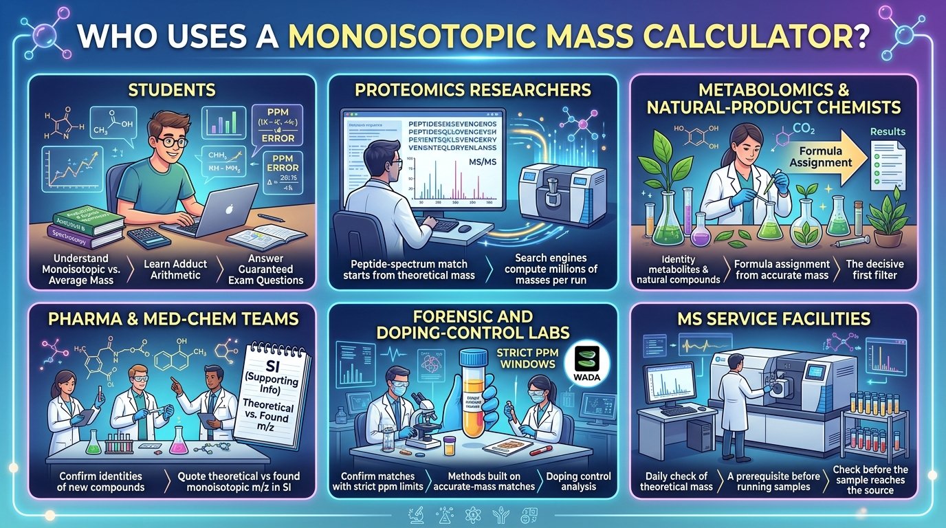 scientists using a monoisotopic mass calculator with LC-MS spectra in a proteomics lab