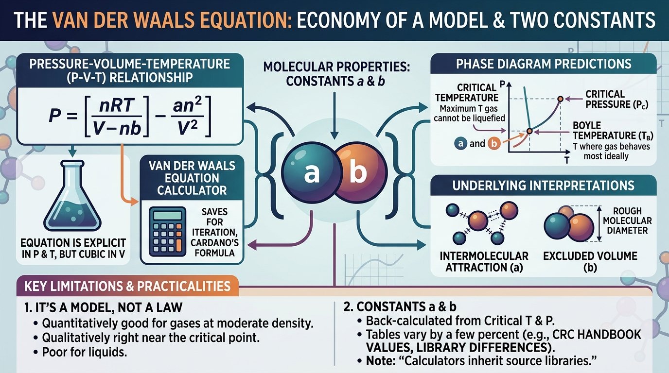 van der waals equation calculator showing real-gas pressure, molar volume and compressibility factor next to the ideal gas law