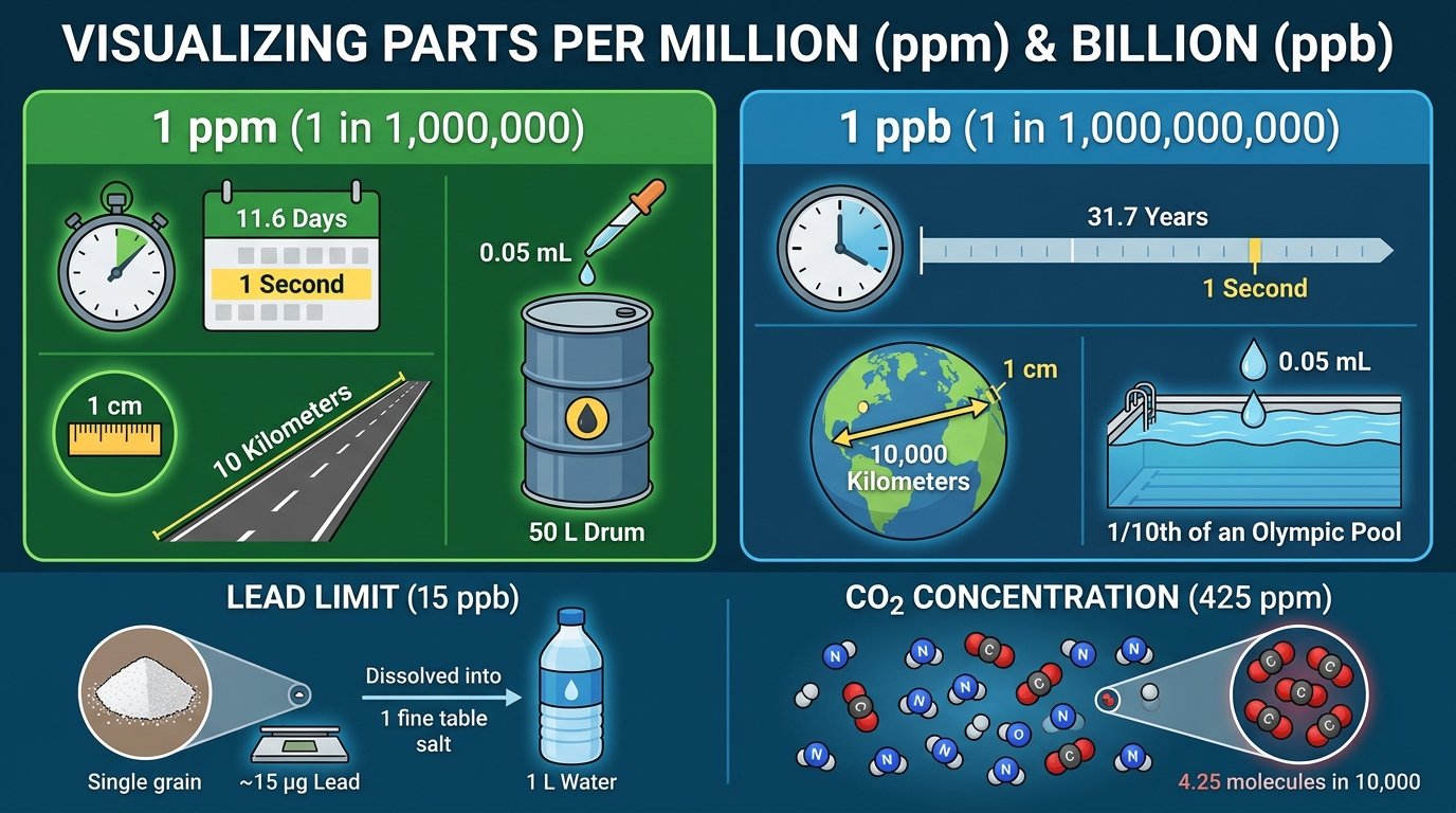 ppm to ppb converter uses: drinking water testing for lead and arsenic, air quality monitoring of ozone and NO2, food contaminant limits and laboratory calibration standards