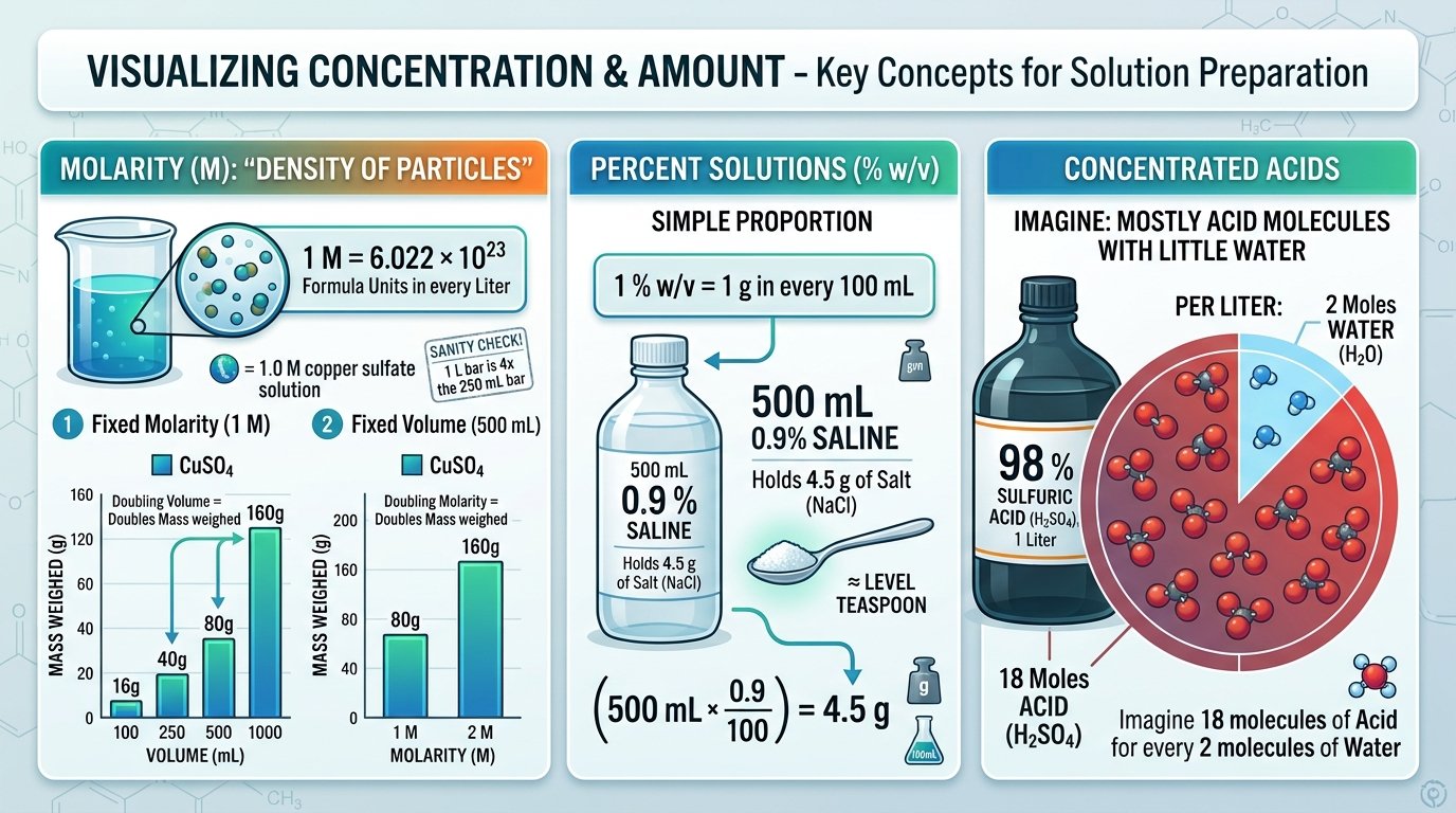 solution preparation calculator uses: molar salt solutions, percent saline, concentrated acid dilution and a PBS buffer recipe