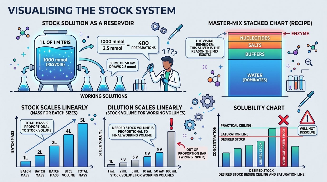 stock solution calculator uses: shelf of labelled buffer stocks, a PCR master mix tube rack and an antibiotic stock in the freezer