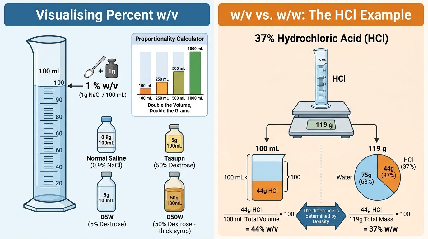 w/v solution calculator uses in pharmacy and laboratory work: saline bags, dextrose, local anaesthetic vials and agarose gels