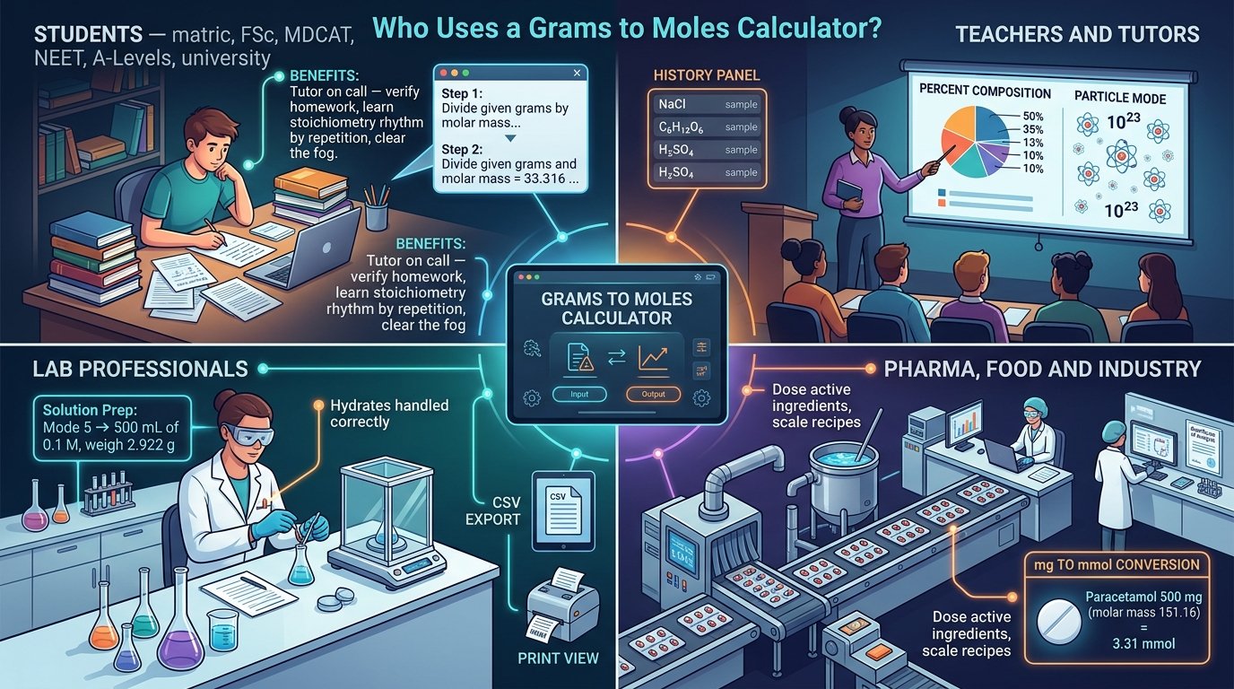 student and lab professional using a grams to moles calculator for solution preparation