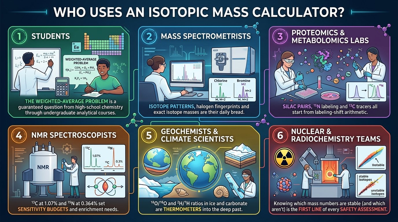 scientists using an isotopic mass calculator for isotope patterns and tracer labeling in the lab