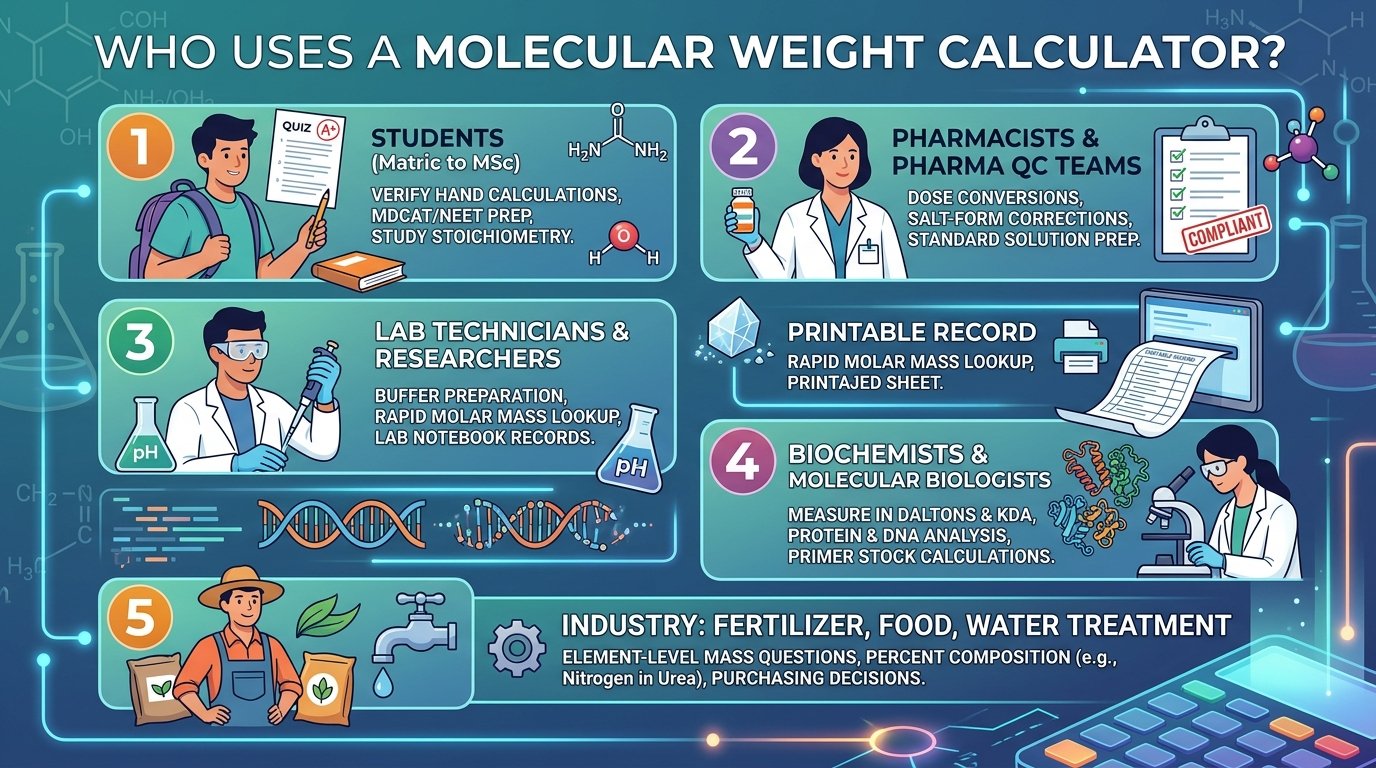 scientist using a molecular weight calculator to prepare laboratory solutions