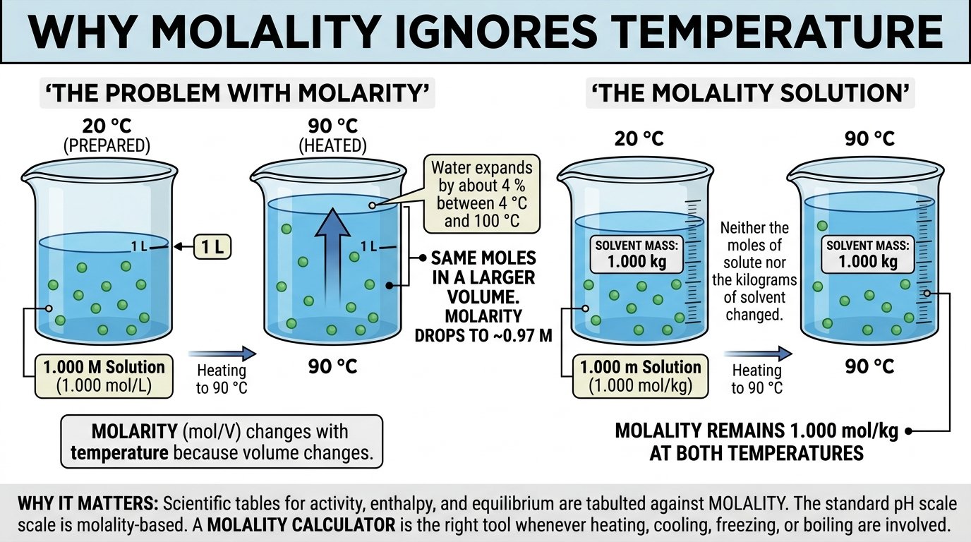molality calculator uses: antifreeze freezing point, cryoscopic molar mass determination, thermodynamic data tables and preparing solutions by mass in the lab